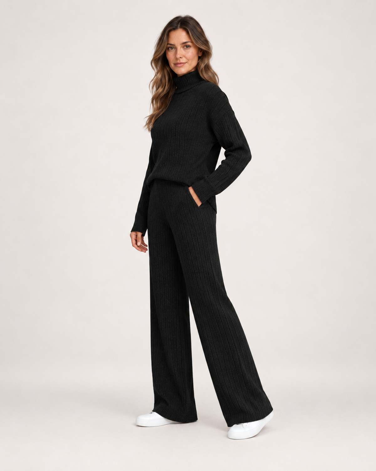 Women’s Knitted Co-Ord Set with Roll Neck and Wide Leg Trousers in Black, three quarter body view