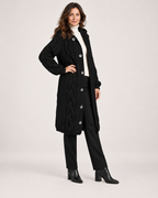 Women’s Longline Cardigan with Cable Knit and Hood in Black, three quarter body view