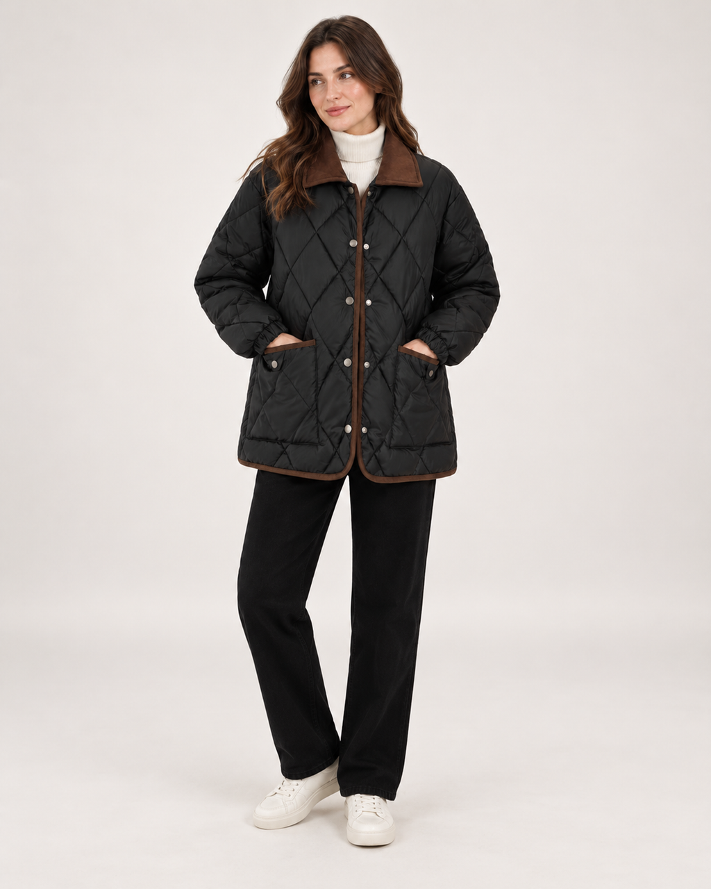Women’s Quilted Jacket with Contrast Collar in Black, three quarter body view