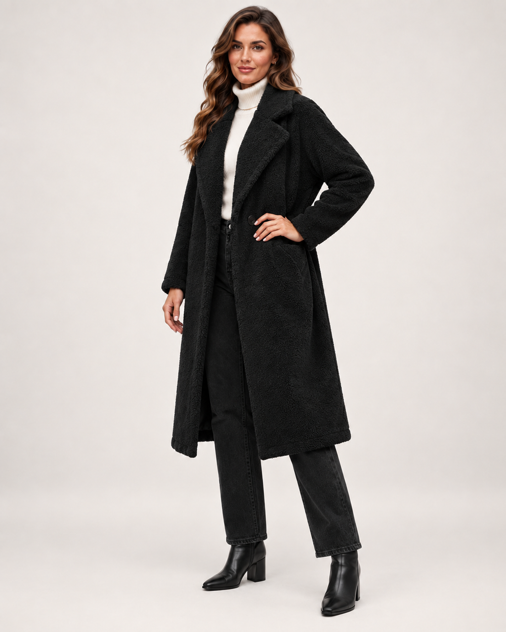 Women’s Borg Coat with Long Shape and Lapel Collar in Black, three quarter body view