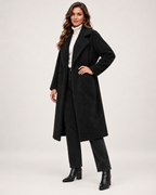 Women’s Borg Coat with Long Shape and Lapel Collar in Black, three quarter body view