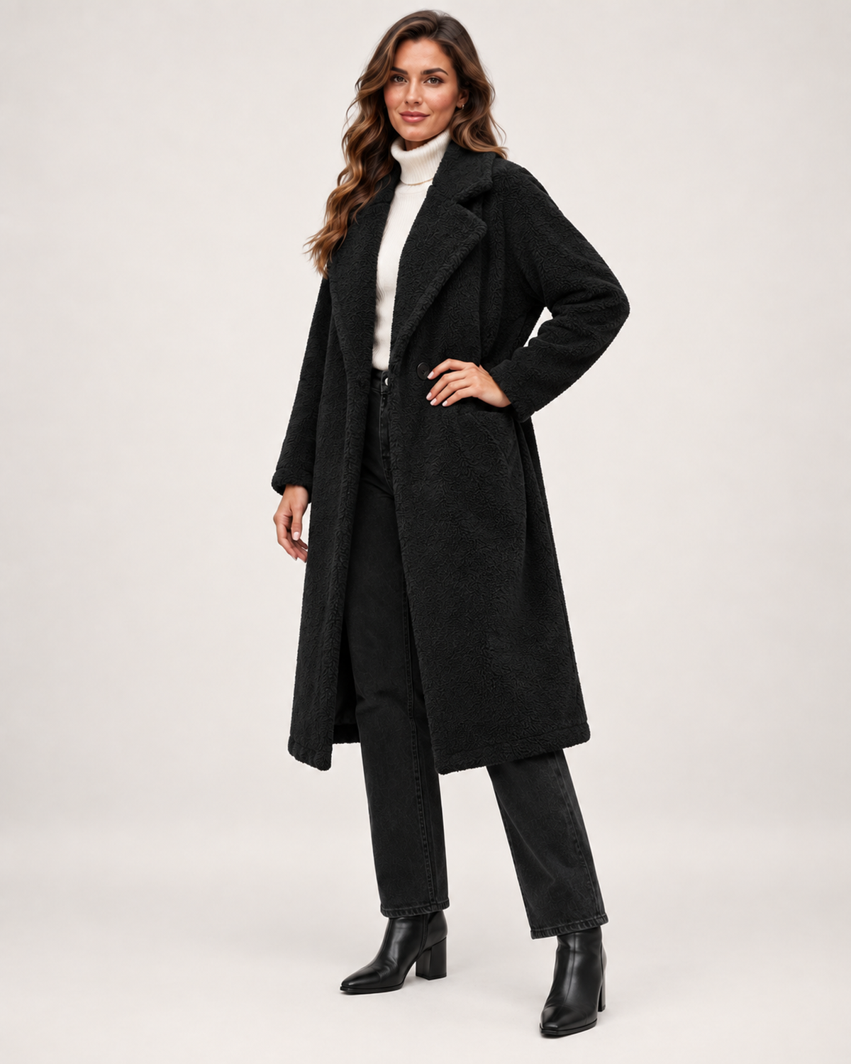 Women’s Borg Coat with Long Shape and Lapel Collar in Black, three quarter body view