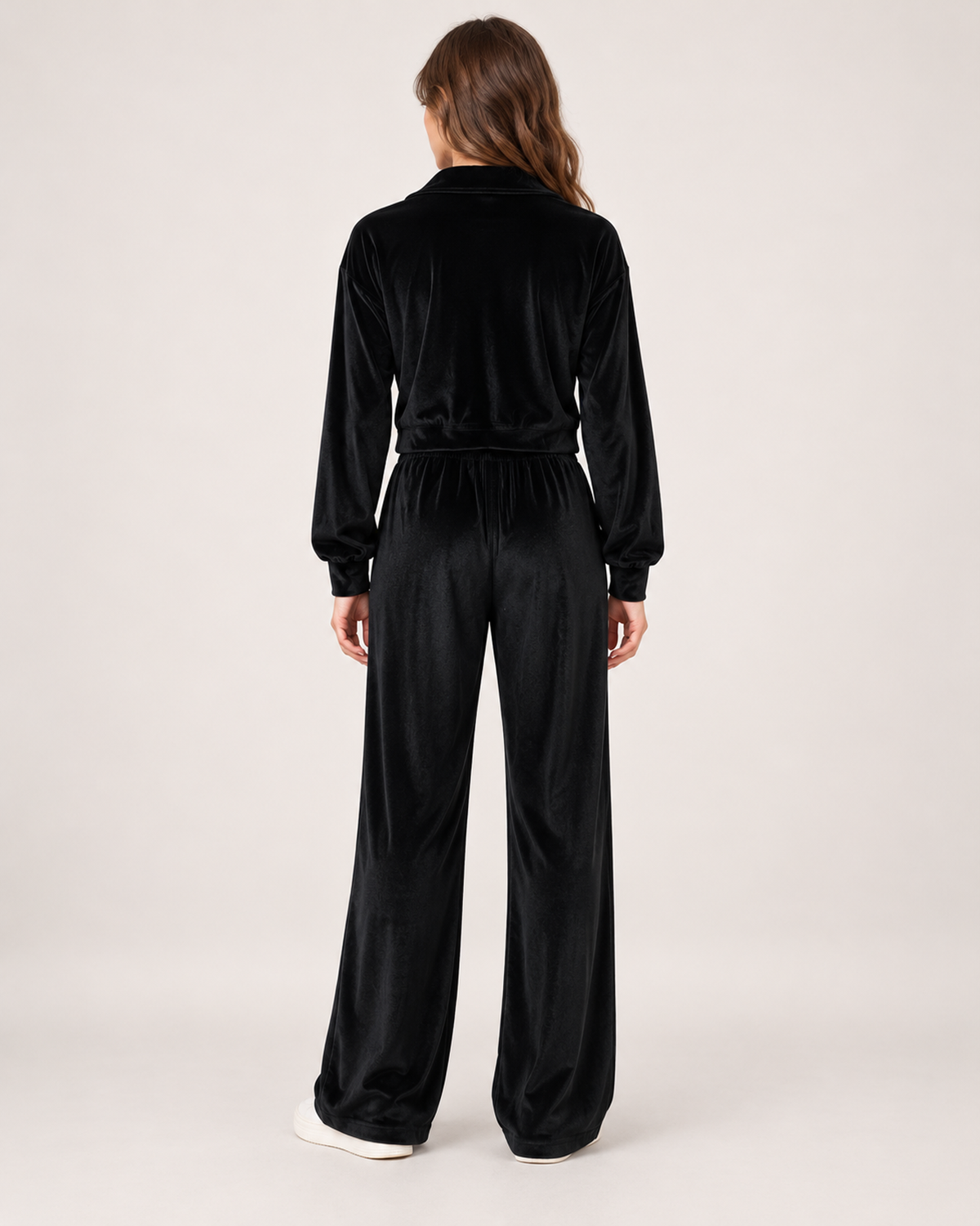 Women’s Loungewear Set with Zip Up Top and Wide Leg Trousers in Black, three quarter body view