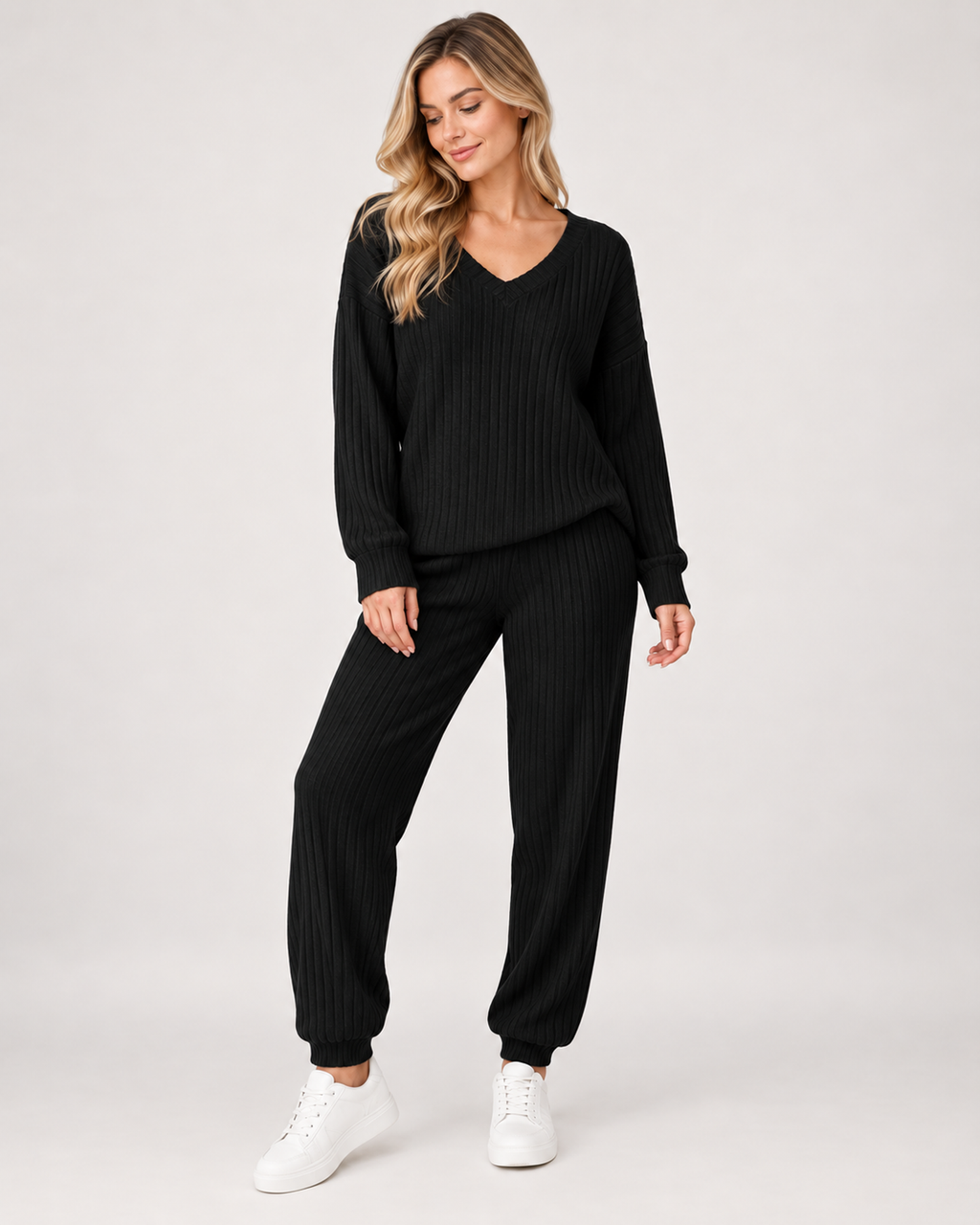 Women’s Loungewear Set with Ribbed Finish and V Neck in Black, lower body product focus view