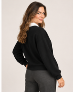 Women’s Collared Jumper with Layered Shirt Detail in Black, three quarter body view