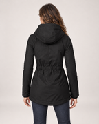 Women’s Fleece Lined Jacket with Hood and Zip Front in Black, three quarter body view