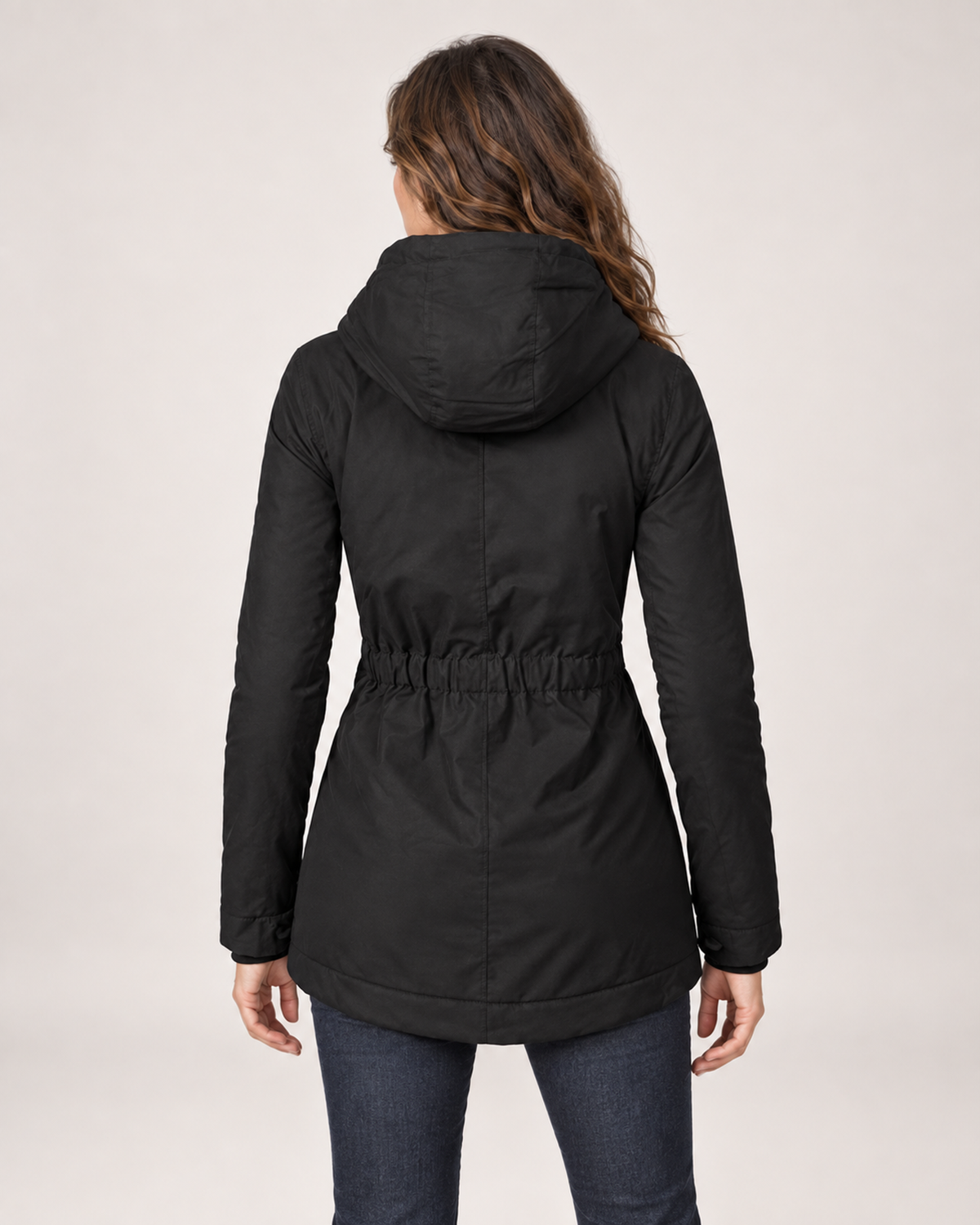 Women’s Fleece Lined Jacket with Hood and Zip Front in Black, three quarter body view