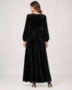 Women’s Velvet Maxi Dress with Draped Waist in Black, lower body product focus view