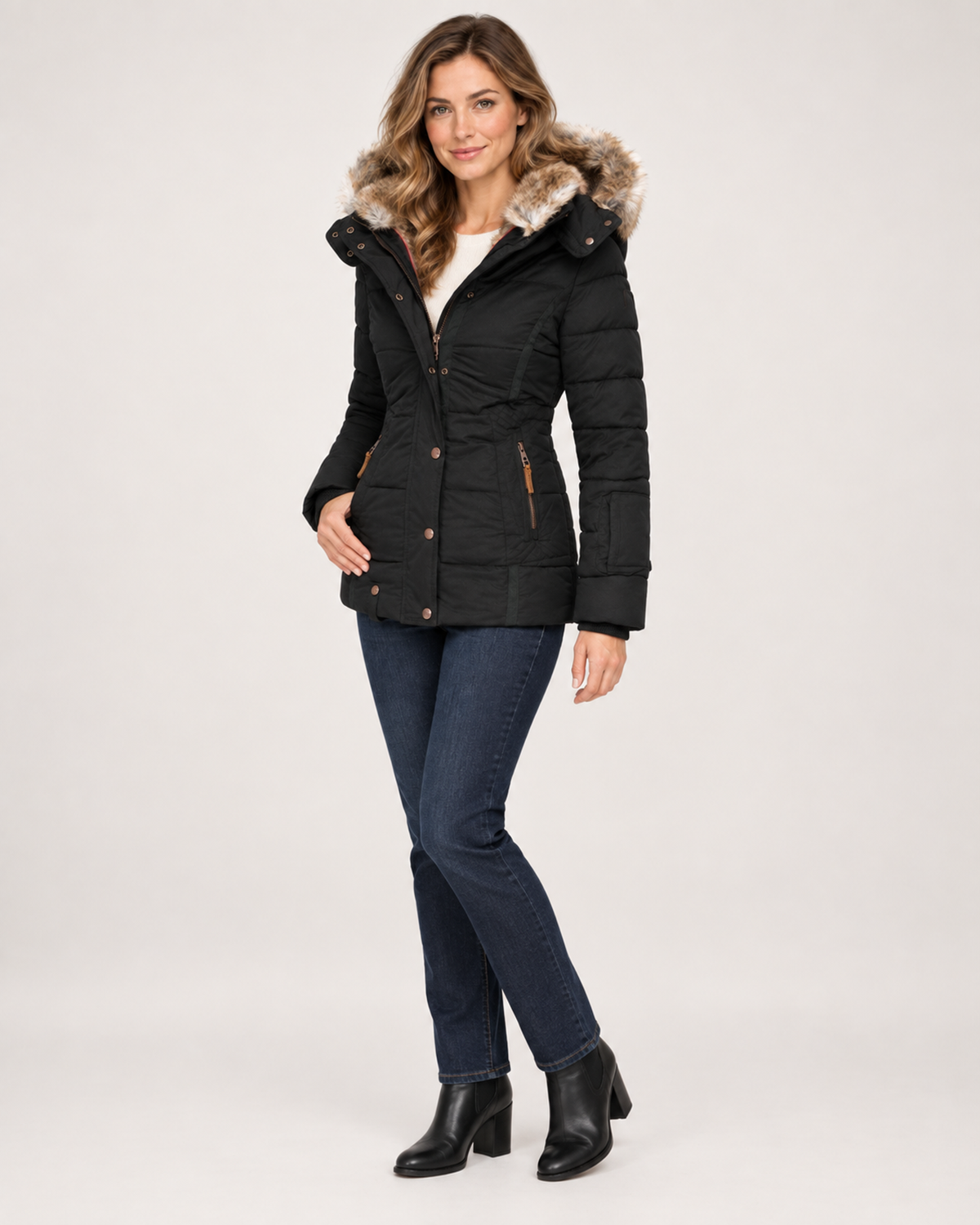Women’s Puffer Jacket with Faux Fur Hood in Black, three quarter body view