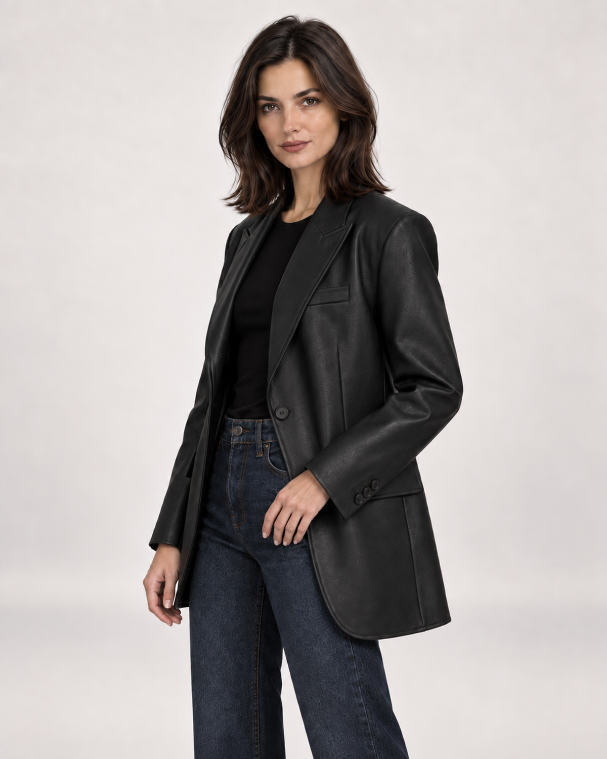 Women’s Faux Leather Blazer with Oversized Fit in Black, three quarter body view