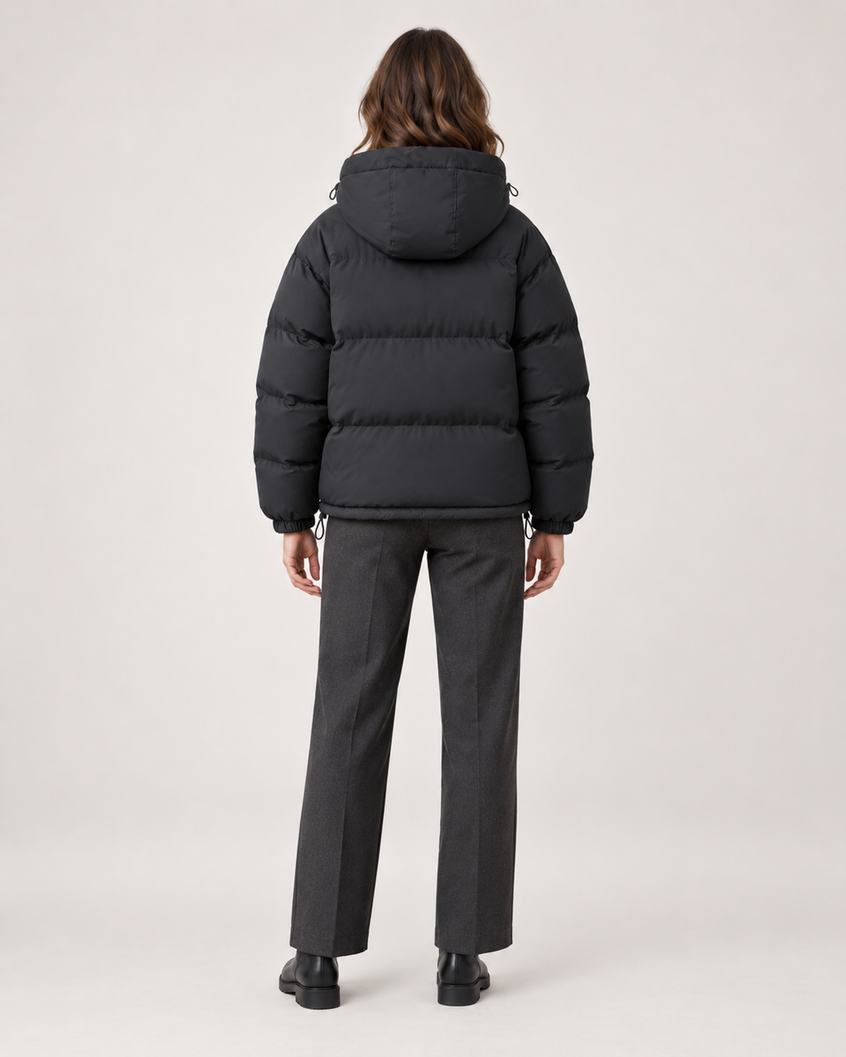 Women’s Puffer Jacket with Hood and Drawcord Hem in Black, three quarter body view