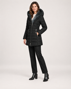 Women’s Long Puffer Jacket with Hood and Asymmetric Zip in Black, three quarter body view