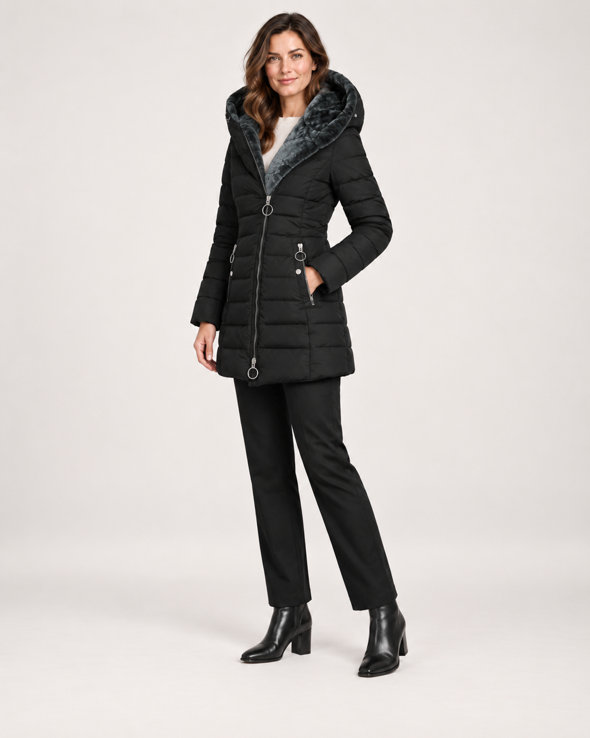 Women’s Long Puffer Jacket with Hood and Asymmetric Zip in Black, three quarter body view