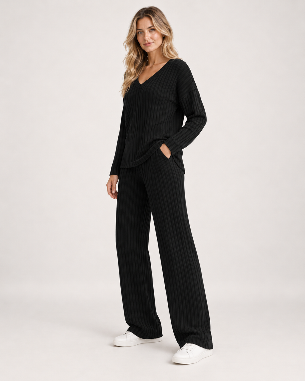 Women’s Co-Ord Set with Ribbed V-Neck Top and Wide Leg Trousers in Black, three quarter body view