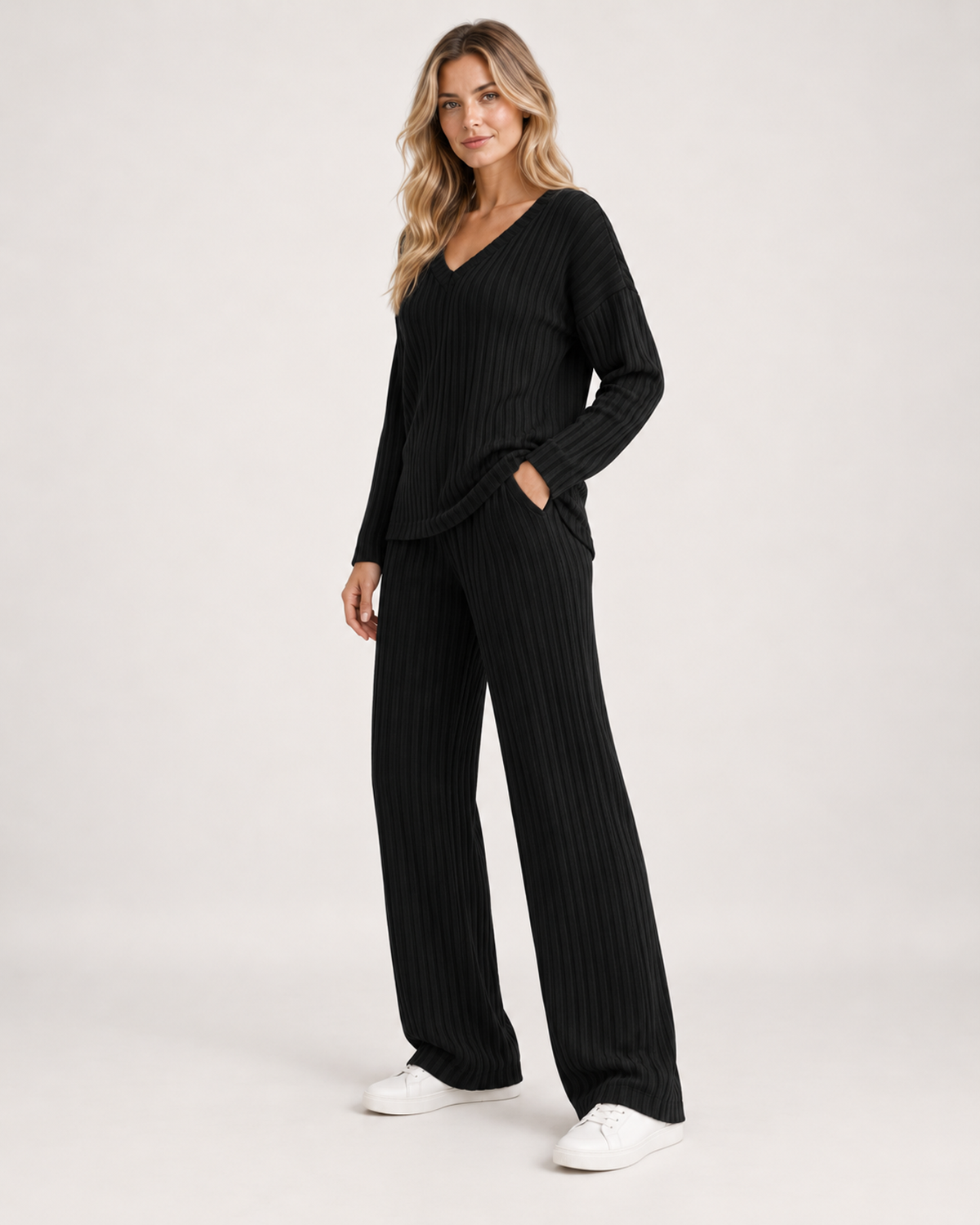 Women’s Co-Ord Set with Ribbed V-Neck Top and Wide Leg Trousers in Black, three quarter body view