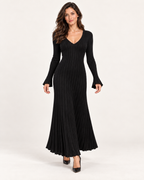 Women’s Knitted Dress with V Neck and Pleated Maxi Skirt in Black, three quarter body view