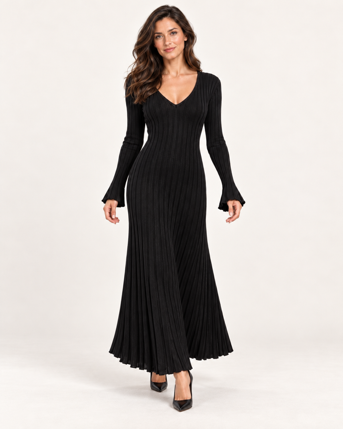 Women’s Knitted Dress with V Neck and Pleated Maxi Skirt in Black, three quarter body view