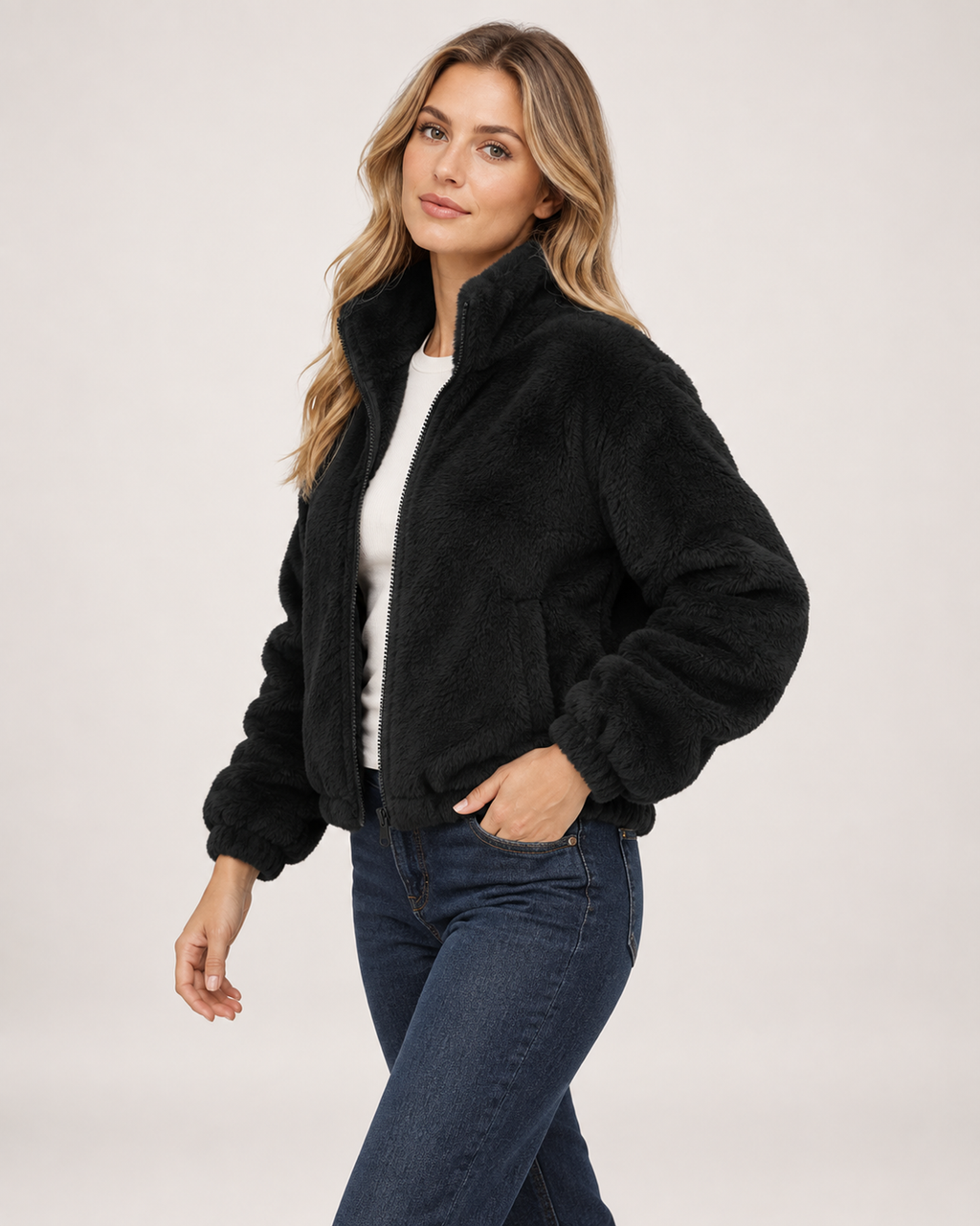 Women’s Fleece Jacket with Funnel Neck and Zip Front in Black, three quarter body view