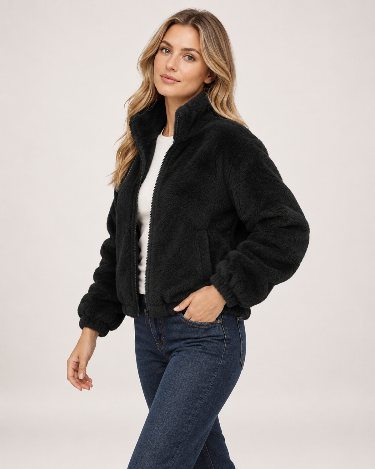 Women’s Fleece Jacket with Funnel Neck and Zip Front in Black, three quarter body view