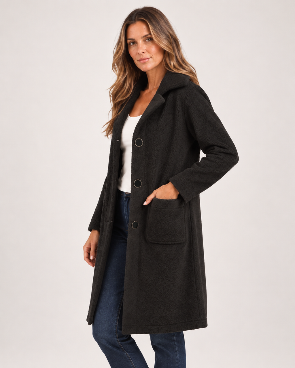 Women’s Longline Cardigan with Button Front and Pockets in Black, three quarter body view
