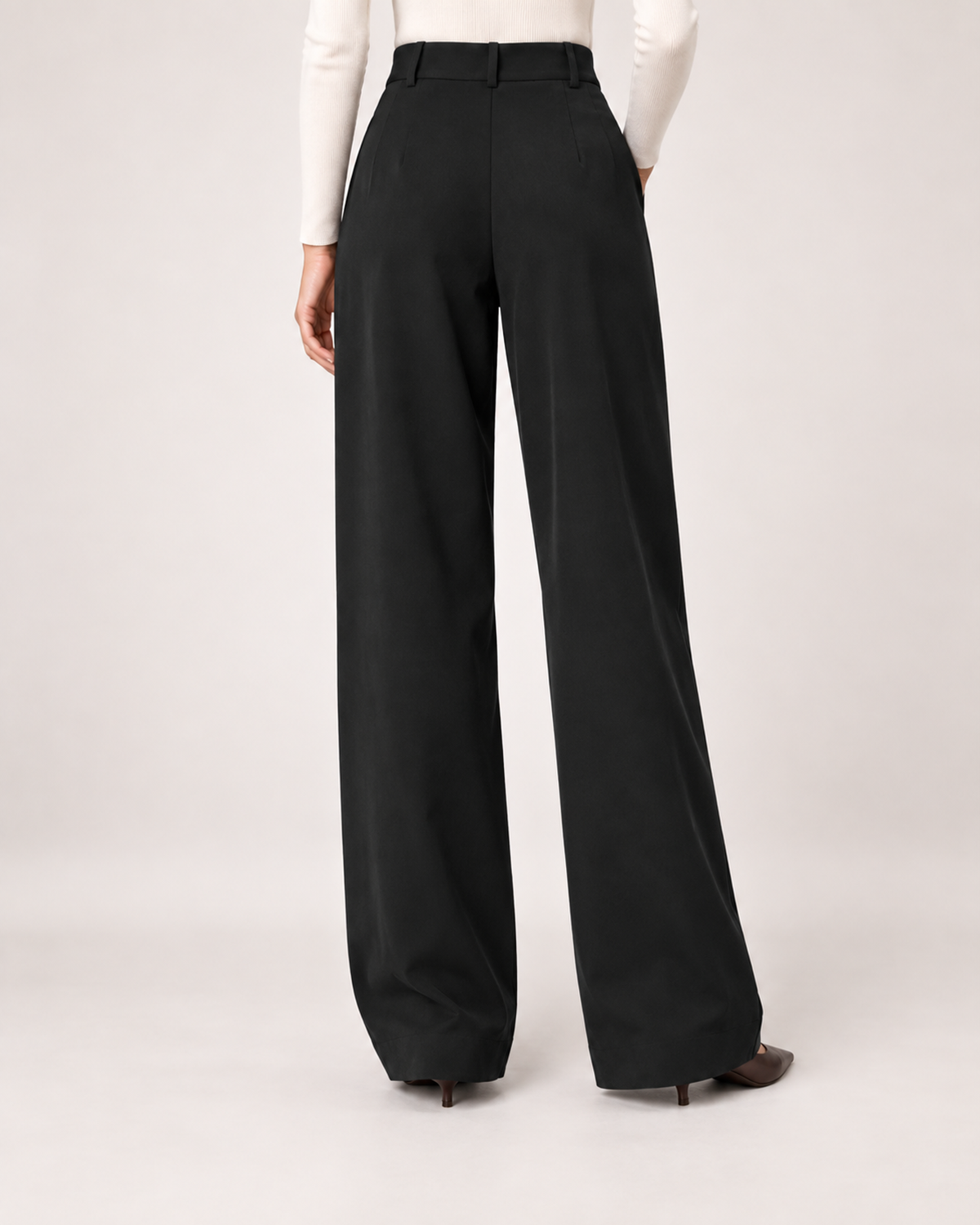 Women’s Straight Leg Trousers with High Waist and Front Pleats in Black, lower body product focus view