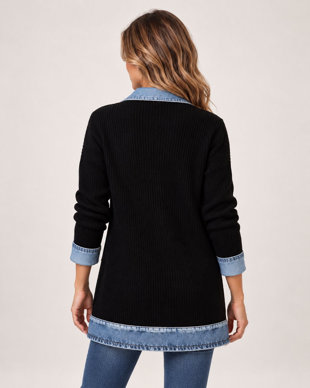 Women’s Coatigan with Denim Collar and Button Front in Black, three quarter body view