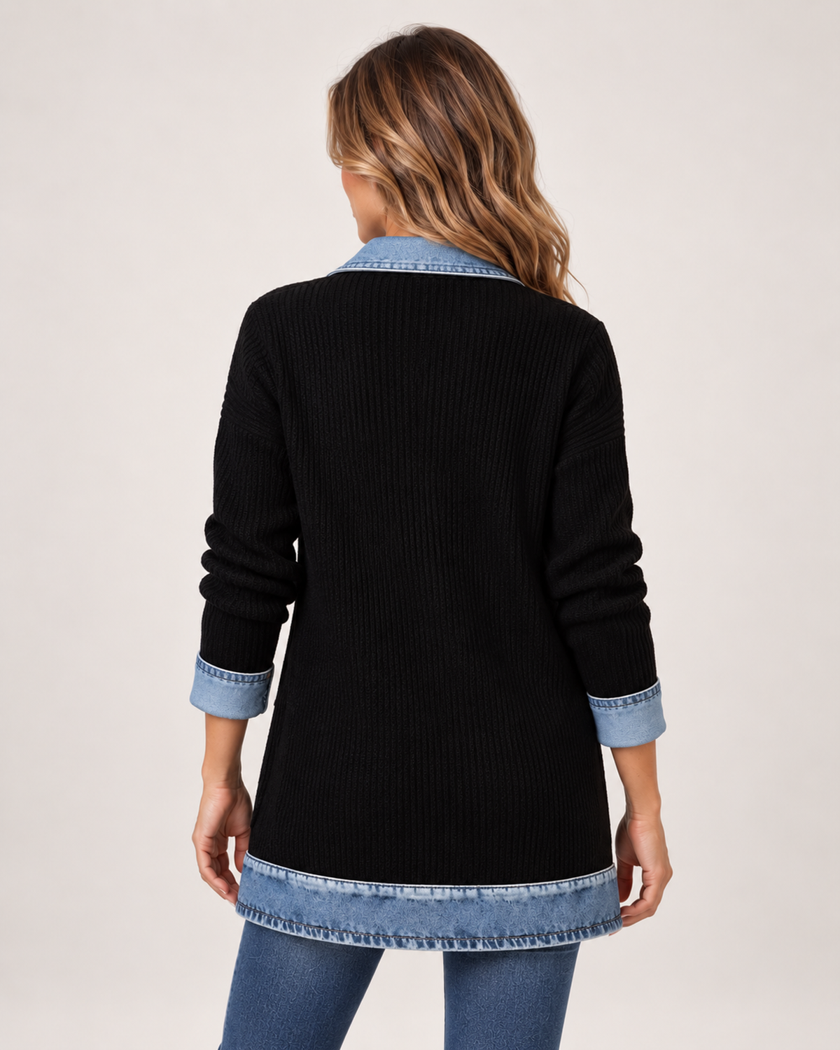 Women’s Coatigan with Denim Collar and Button Front in Black, three quarter body view