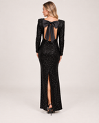 Women’s Long Sleeve Sequin Dress with Open Back Bow in Black, three quarter body view