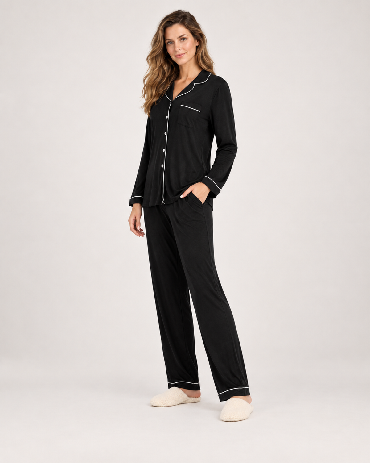 Women’s Pyjama Set in Modal with Contrast Piping in Black, three quarter body view