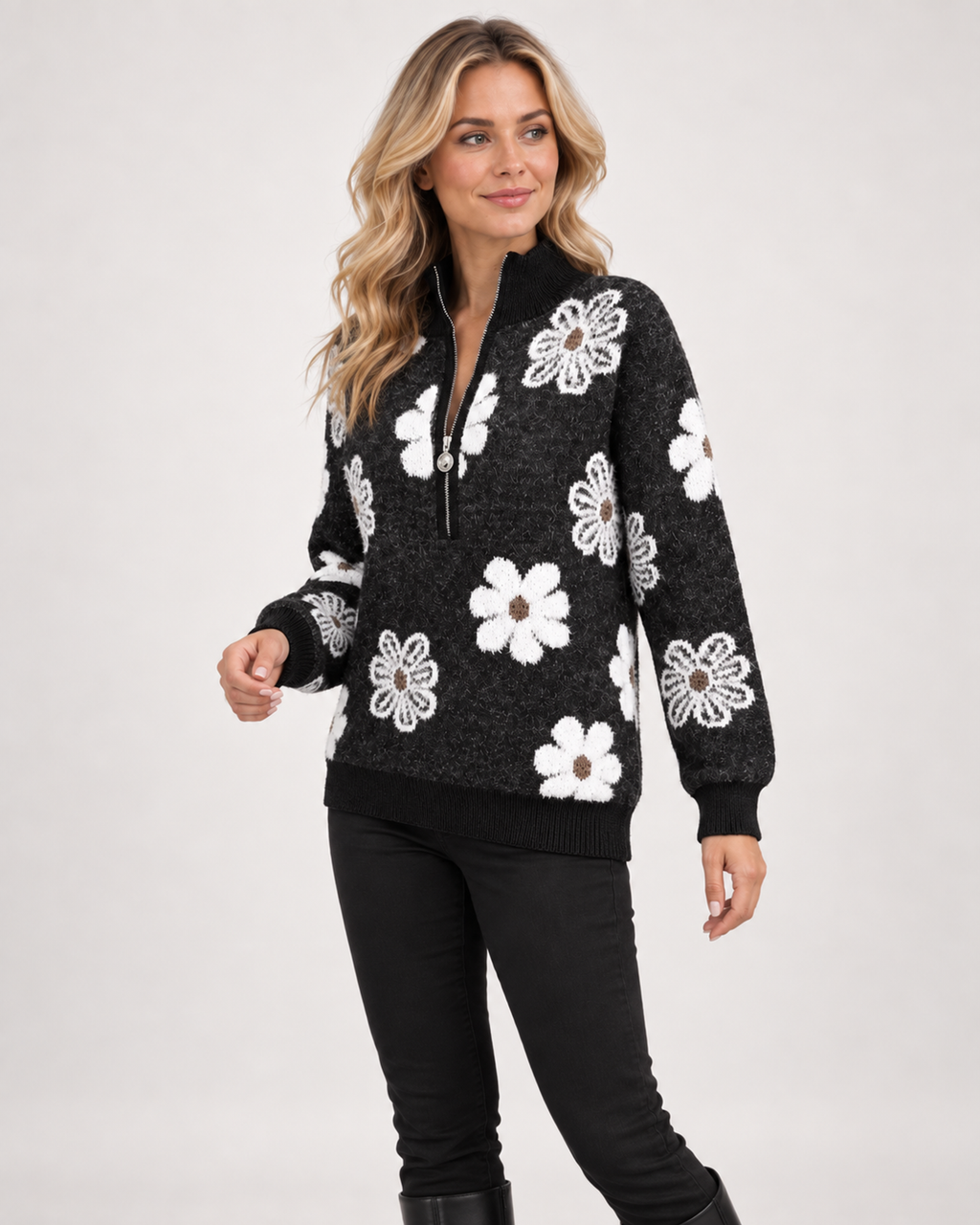 Women’s Half-Zip Jumper with Floral Pattern in Black, three quarter body view