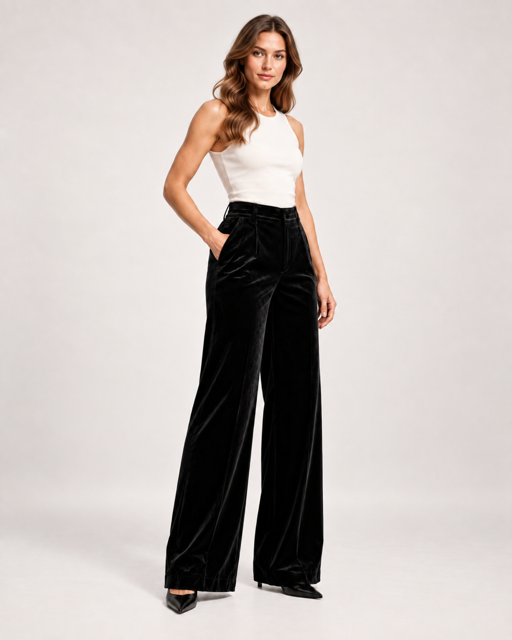Women’s Wide Leg Trousers with High Waist and Pockets in Black, three quarter body view