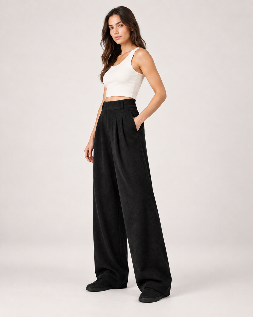 Women’s Wide Leg Trousers with High Waist and Front Pleats in Black, three quarter body view