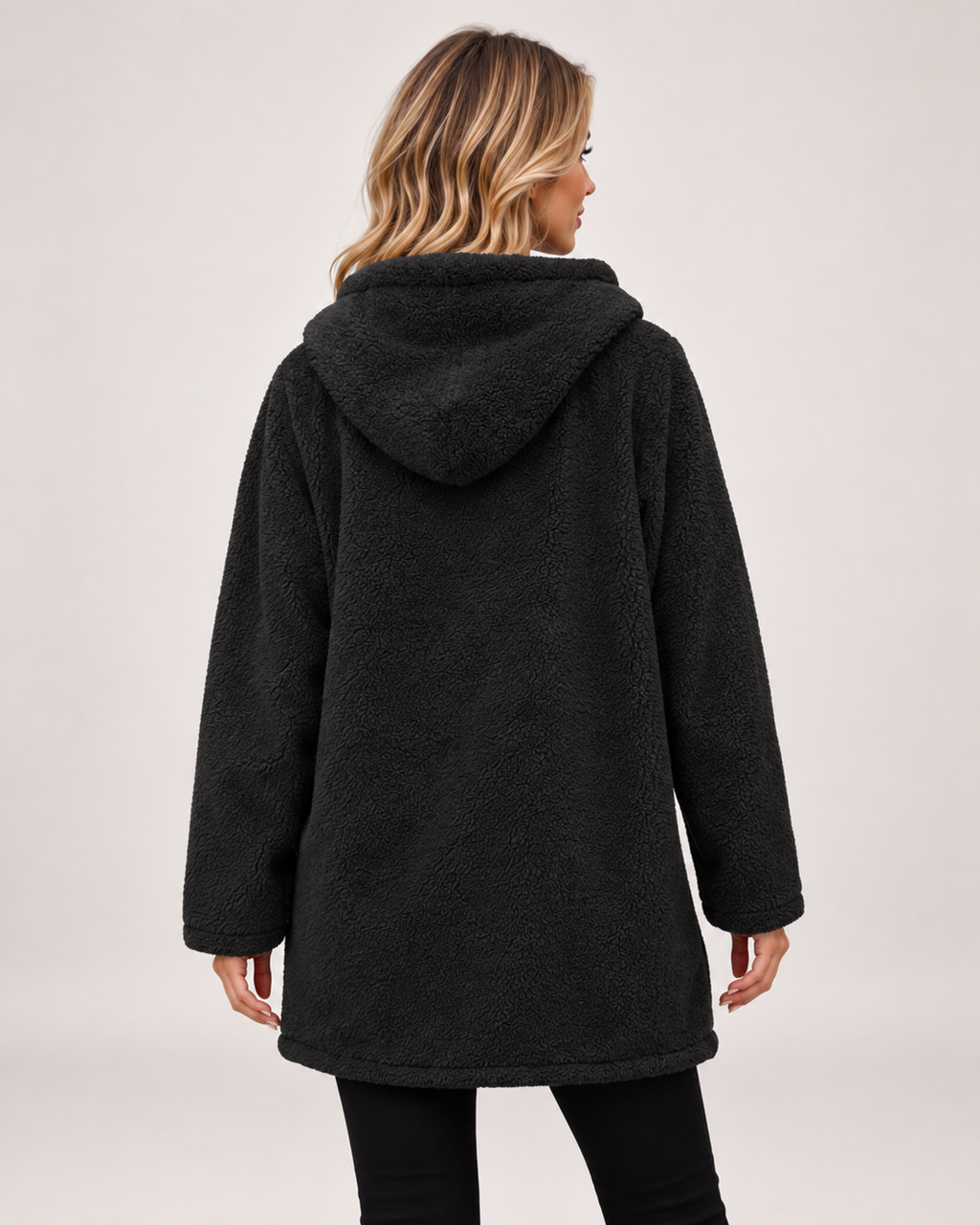Women’s Fleece Jacket with Hood and Zip Front in Black, three quarter body view