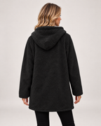 Women’s Fleece Jacket with Hood and Zip Front in Black, three quarter body view