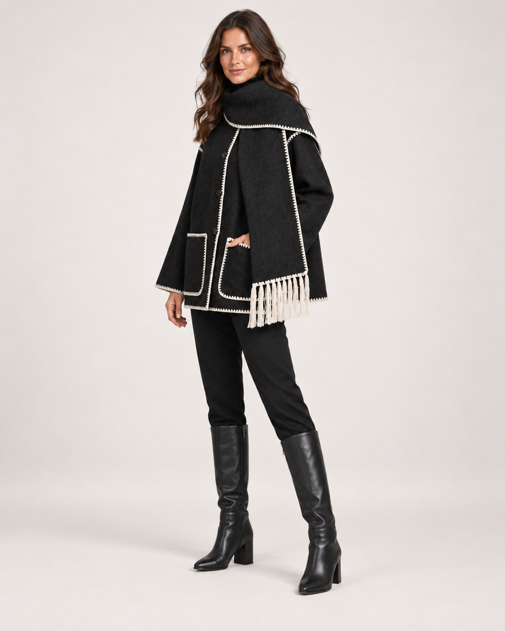 Women’s Cape Coat with Scarf Collar in Black & White, three quarter body view