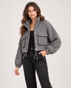 Women’s Checked Jacket with Cropped Shape and Utility Pockets in Black & White, three quarter body view