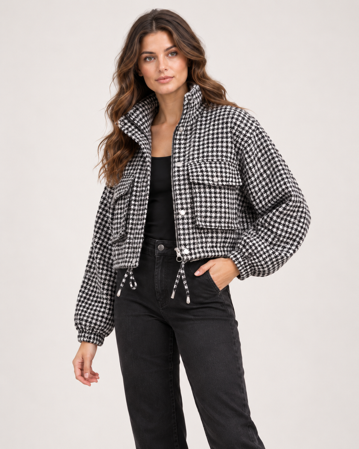 Women’s Checked Jacket with Cropped Shape and Utility Pockets in Black & White, three quarter body view