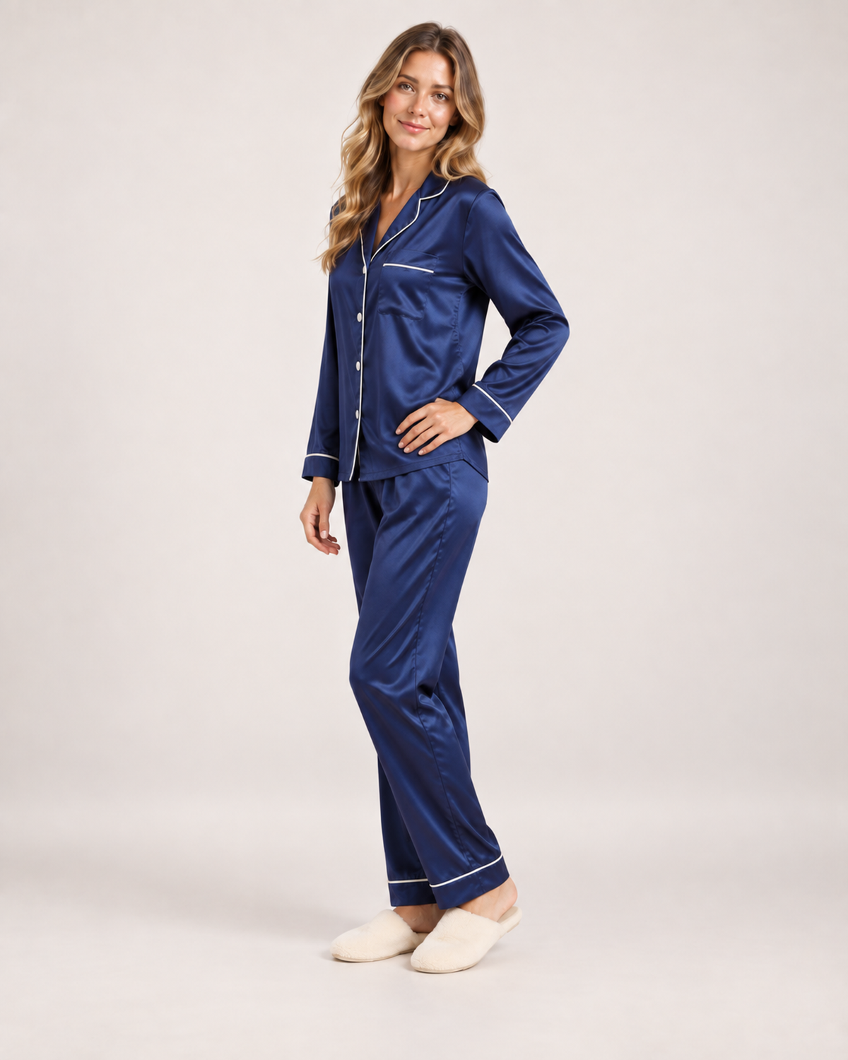 Women’s Pyjama Set with Contrast Piping in Blue, three quarter body view