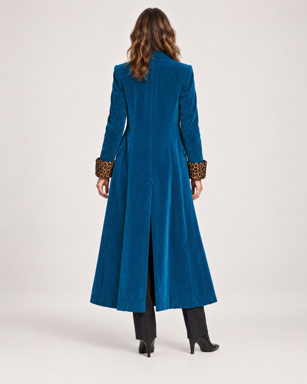 Women’s Longline Coat with Leopard Print Trim in Blue, three quarter body view