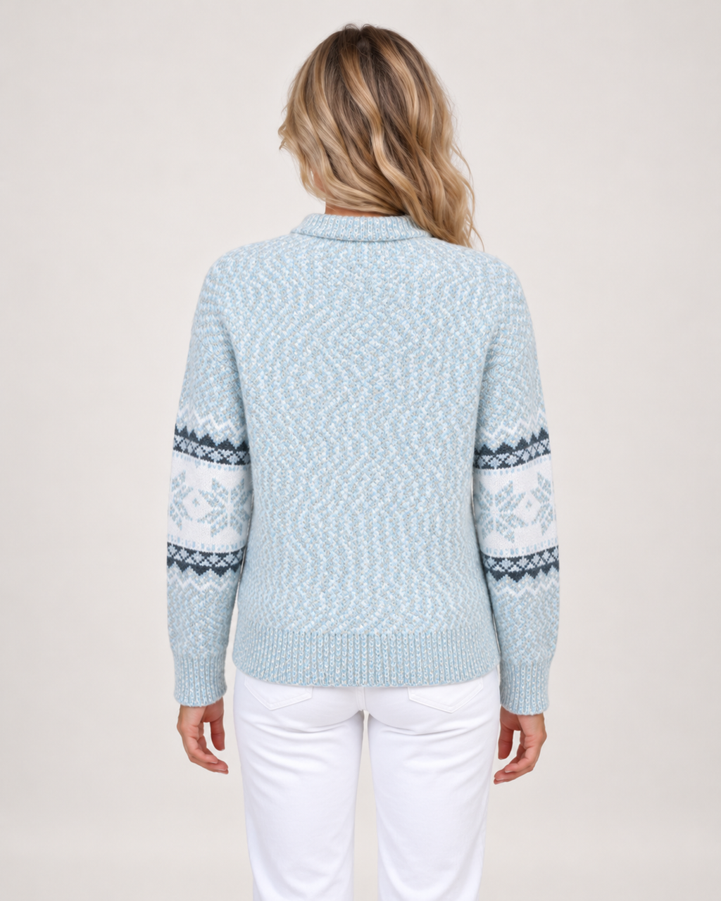Women’s Christmas Jumper with Fair Isle Pattern and Roll Neck in Blue, three quarter body view