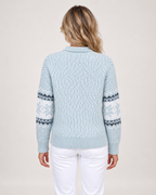 Women’s Christmas Jumper with Fair Isle Pattern and Roll Neck in Blue, three quarter body view
