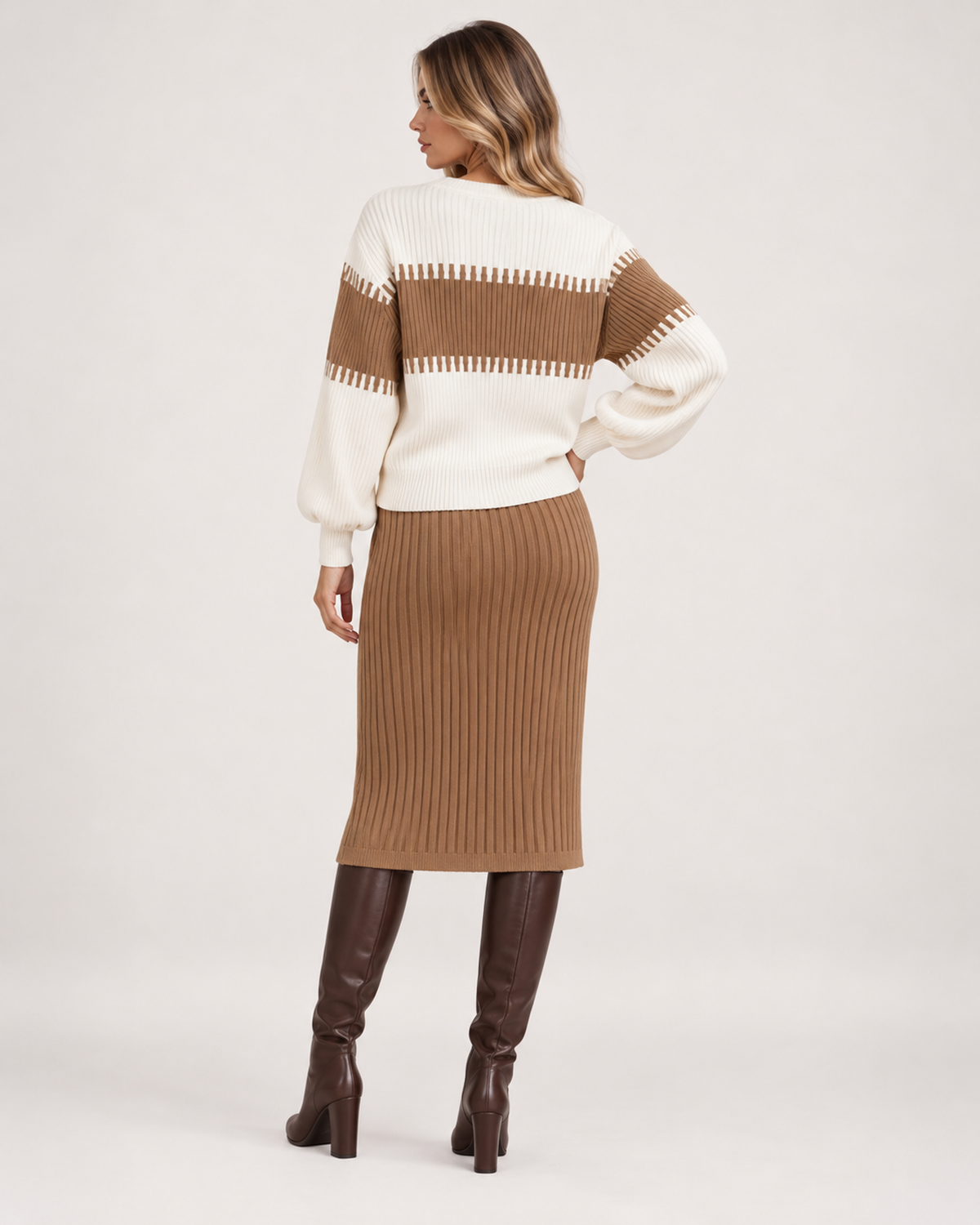 Women's Knitted Co-Ord Set with Colour-Block Jumper and Midi Skirt back view