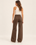 Women's brown high waist wide leg jeans back view
