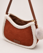 Women’s Fluffy Shoulder Bag with Pom Pom Charm in Brown, product detail view