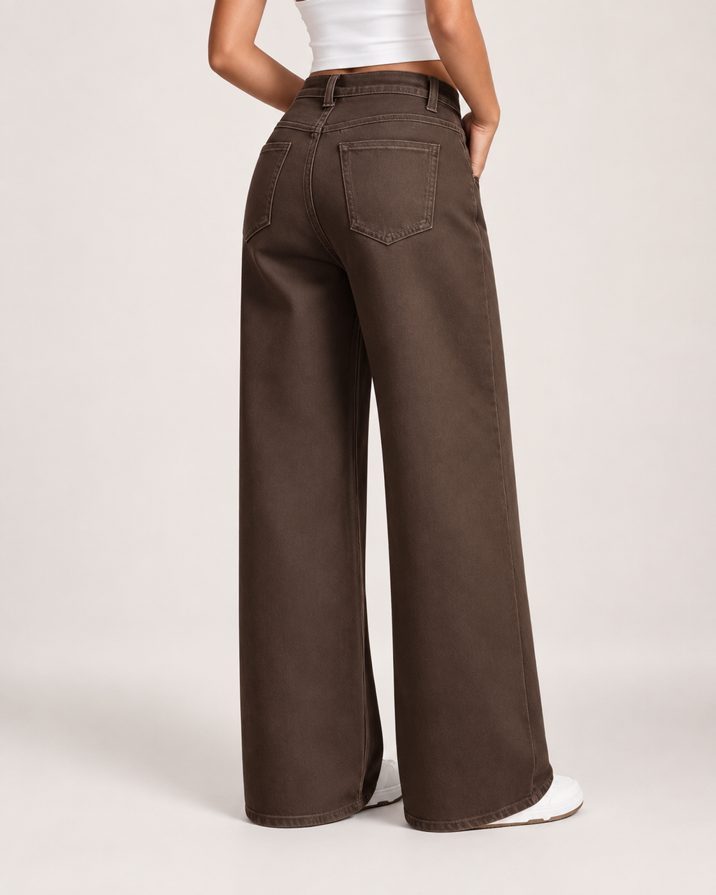 Women’s Wide Leg Jeans in Brown with High Waist in Brown, lower body product focus view