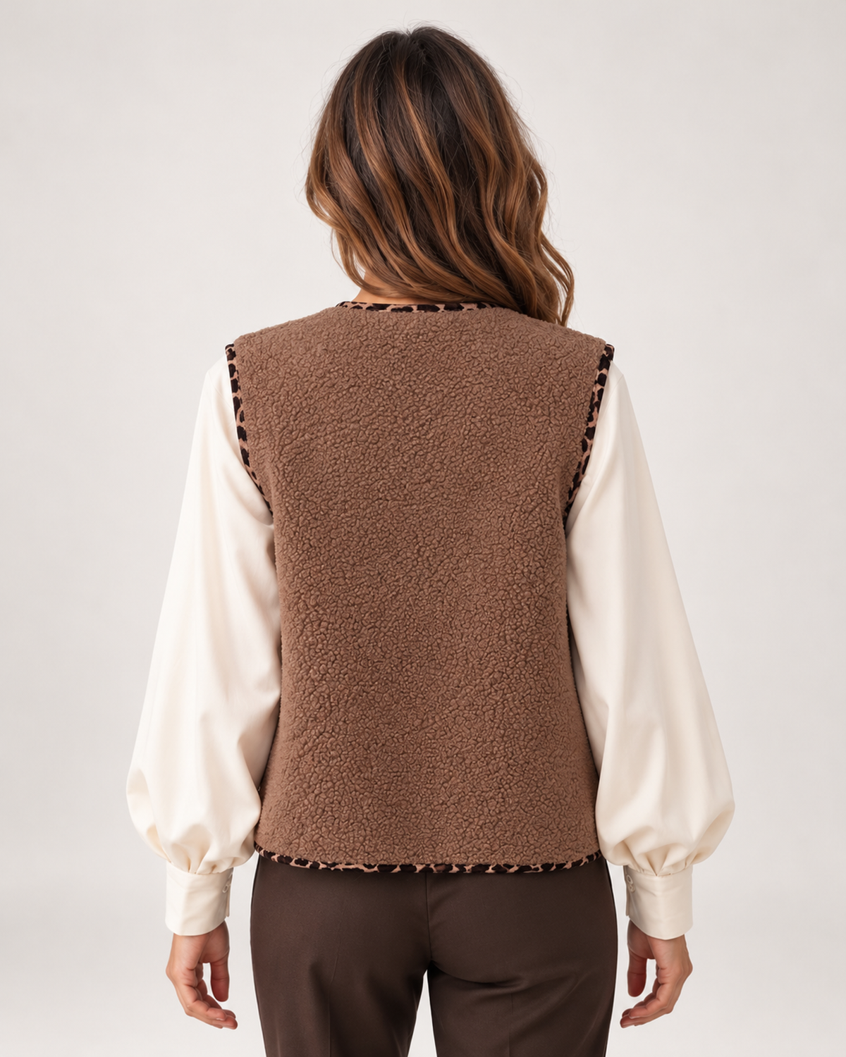 Women’s Borg Gilet with Contrast Trim and Pockets in Brown, lower body product focus view