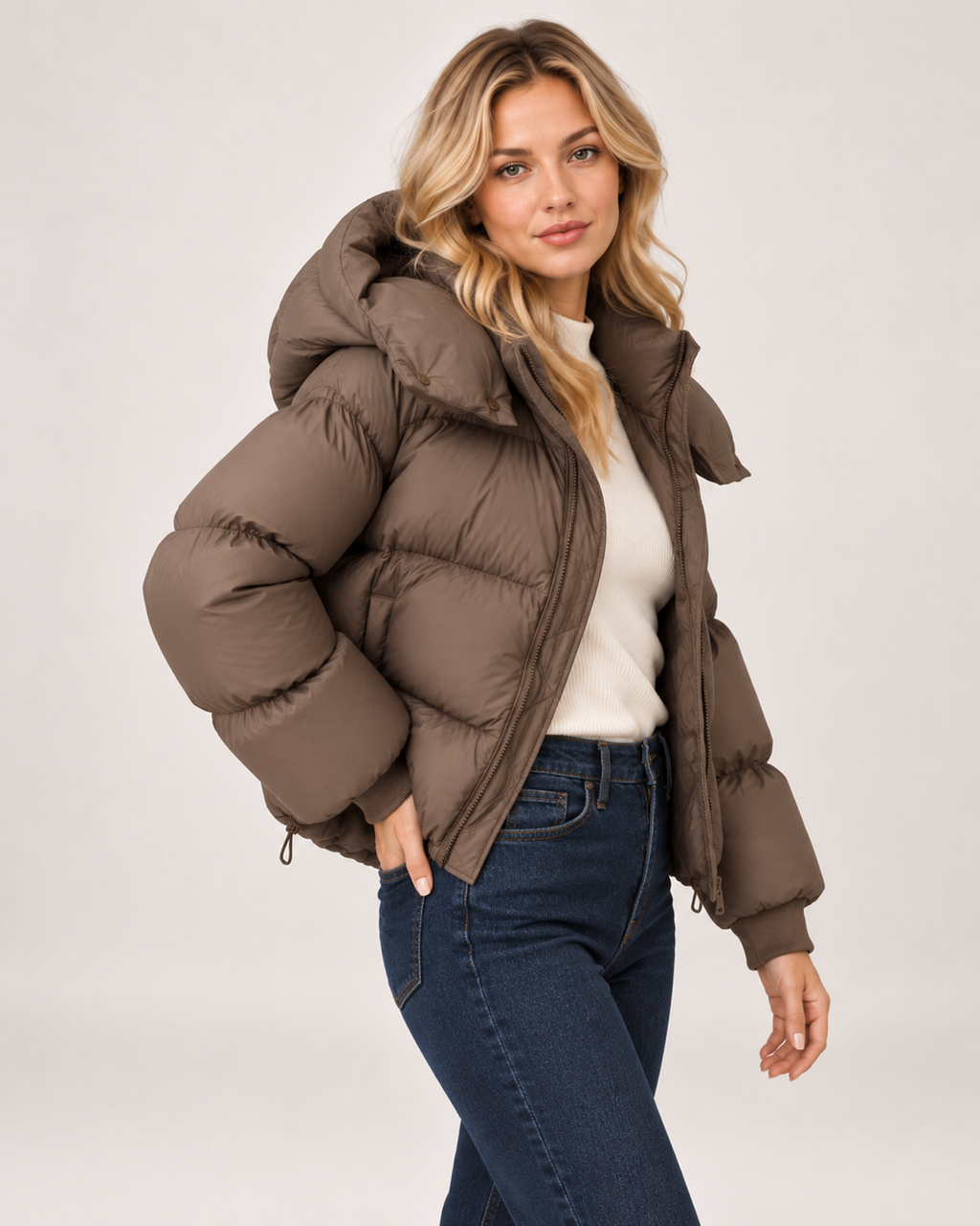 Women’s Puffer Jacket with Oversized Hood and Drawstring Hem in Brown, three quarter body view