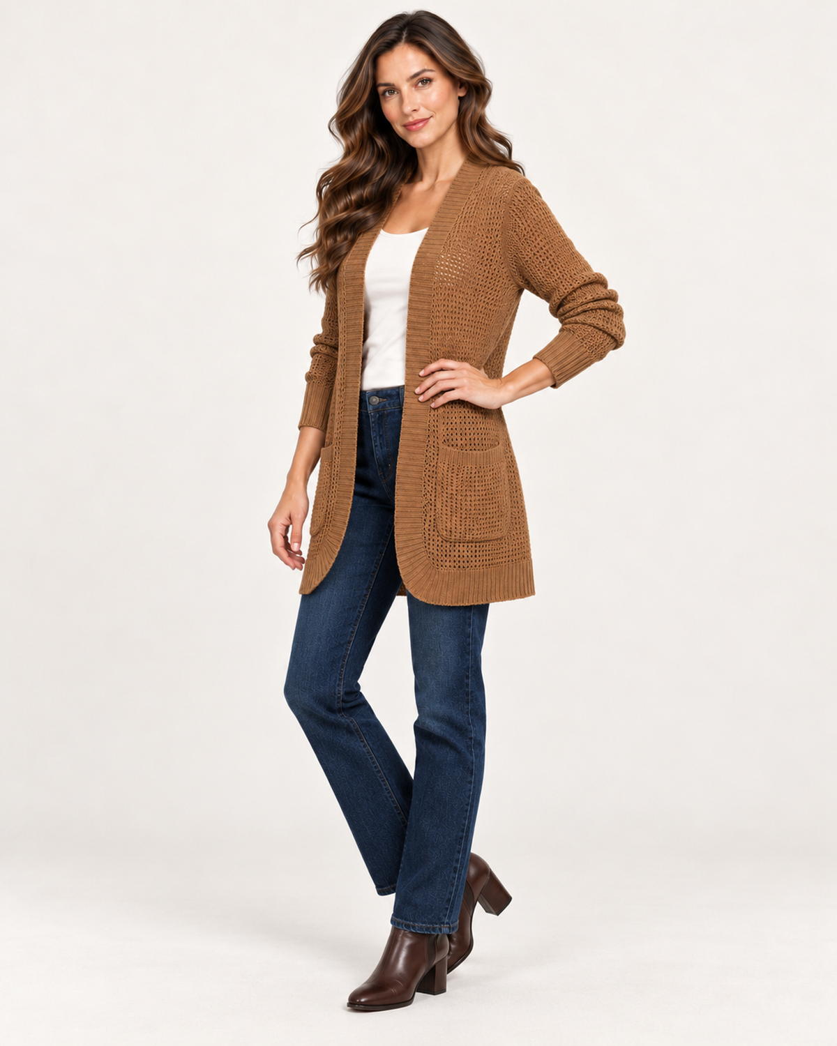 Women’s Coatigan with Open Front and Pockets in Brown, three quarter body view