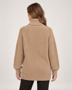 Women’s Roll Neck Jumper with Relaxed Longline Fit in Brown, three quarter body view