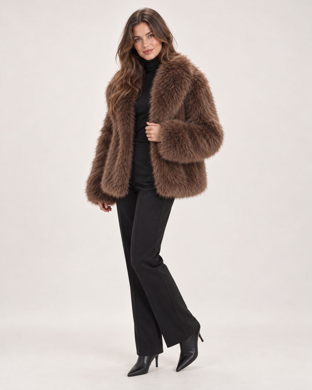 Women’s Faux Fur Jacket with Wide Collar in Brown, three quarter body view